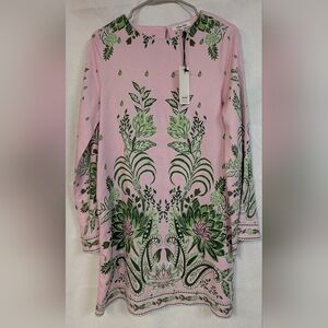 CELINA MOON Pink Dress with Green Botanical Design M
